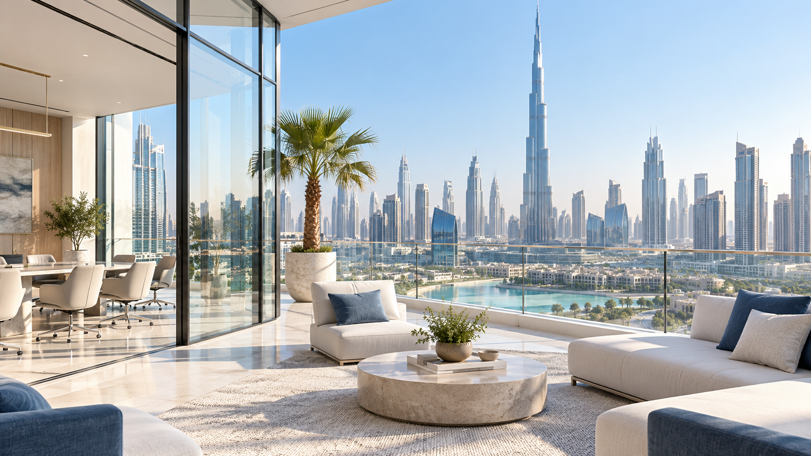 Bright Dubai office terrace overlooking the city skyline