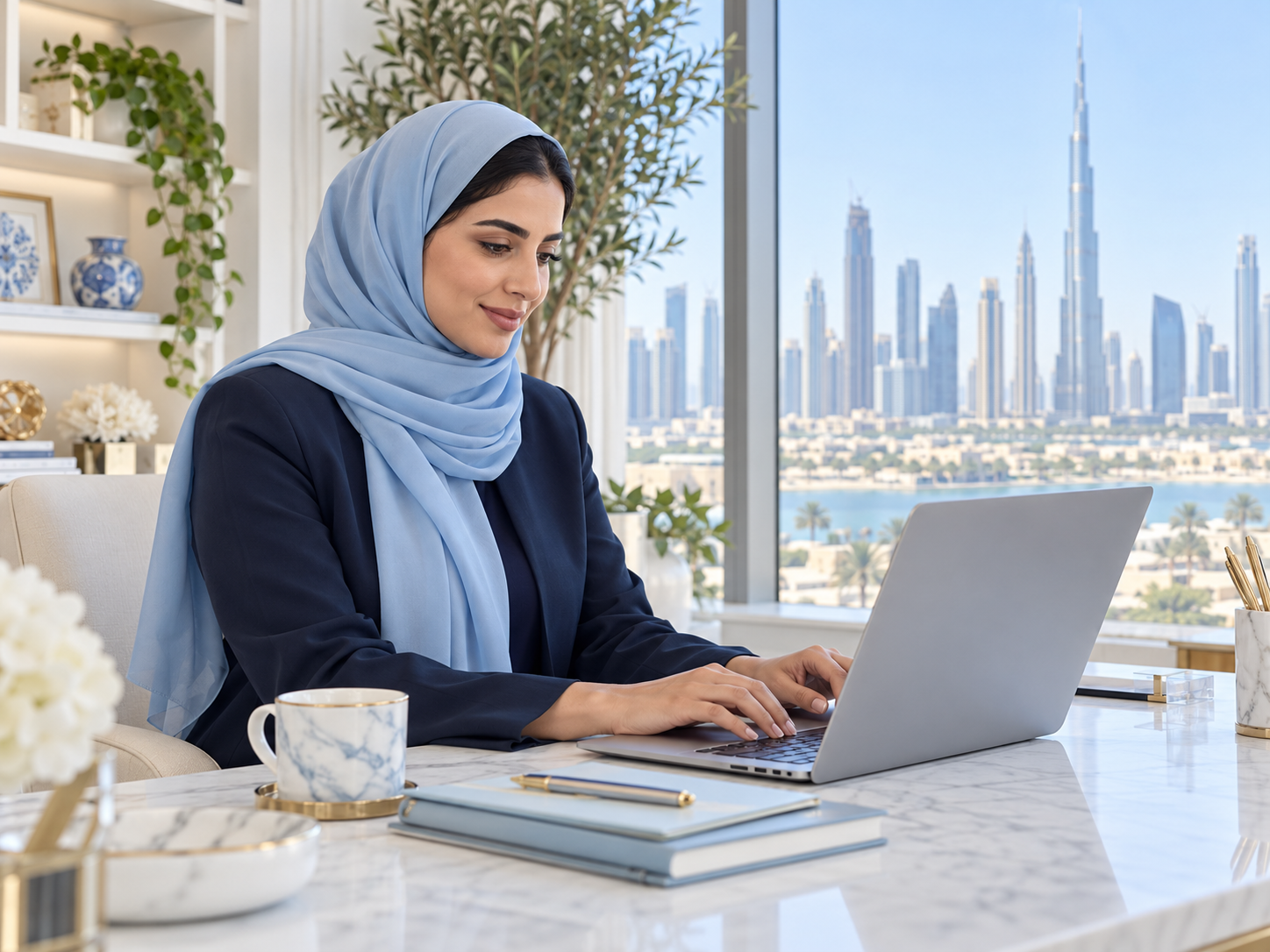 Emirati professional working from a bright home office in the UAE